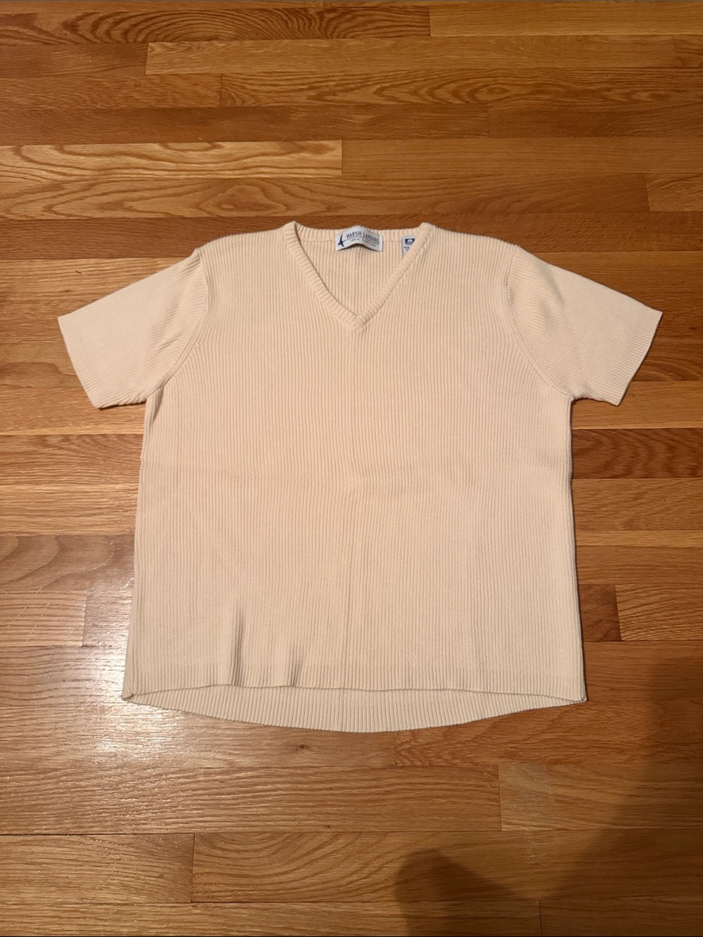 Marsh Landing Beige Ribbed V-Neck Short Sleeve Tee- Y2K